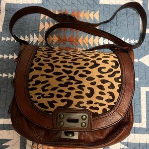 Fossil Tan and Brown Leopard Crossbody Bag